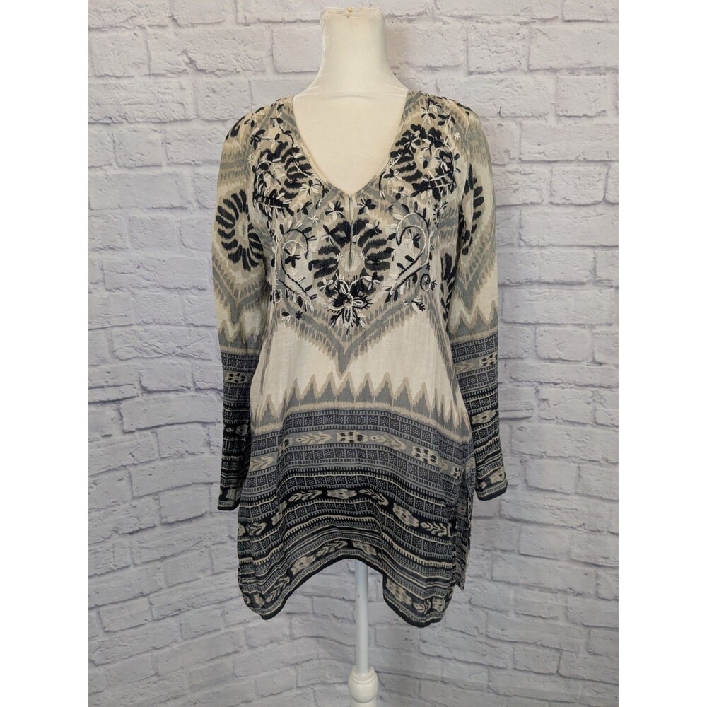 Calypso St Barth Boho Embroidered Tunic Top Geometric Long Sleeve Women's Small‎